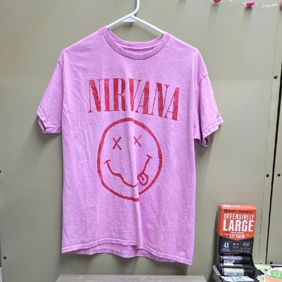 NIRVANA Tops - NIRVANA Pink Tee with Red Smiley
